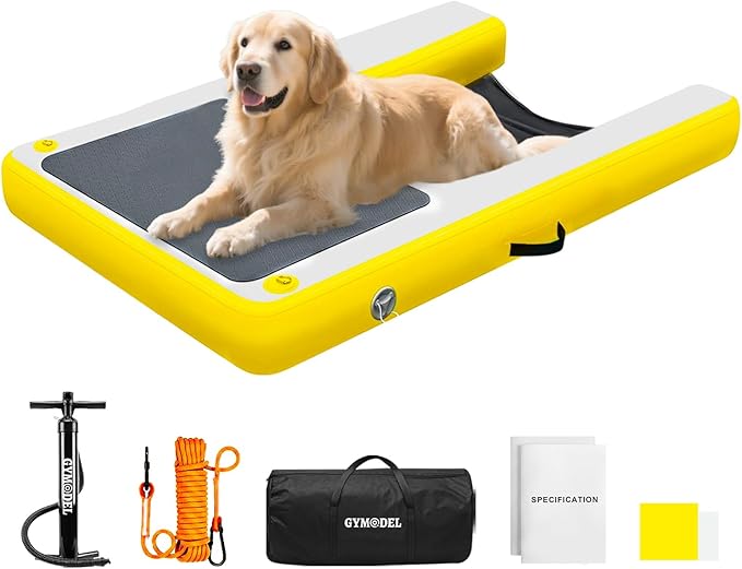 Dog Pool Ramp, Inflatable Dog Boat Ramp, Non-Slip EVA Inflatable Floating Dock Ladder for Pools Boats Docks, Safe & Easy Water Access for Large Dogs, Yellow