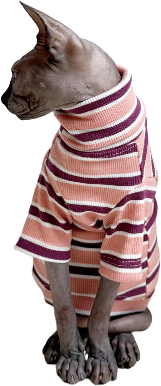 Turtle Neck Vintage Stripes Sphynx Hairless Cat Cotton T-Shirts Pet Clothes Vest Kitten Shirts Sleeveless, Cats & Small Dogs Apparel (Pink, S (3.3-5 lbs))