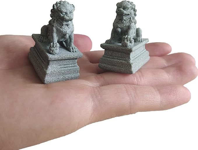 livelyfish Asian Fu Foo Dogs Statues Mini A Pair of Guardian Lion Figurine Sandstone Pets Fish Tank Aquarium Landscape Ornaments Accessories Feng Shui Decorations, A