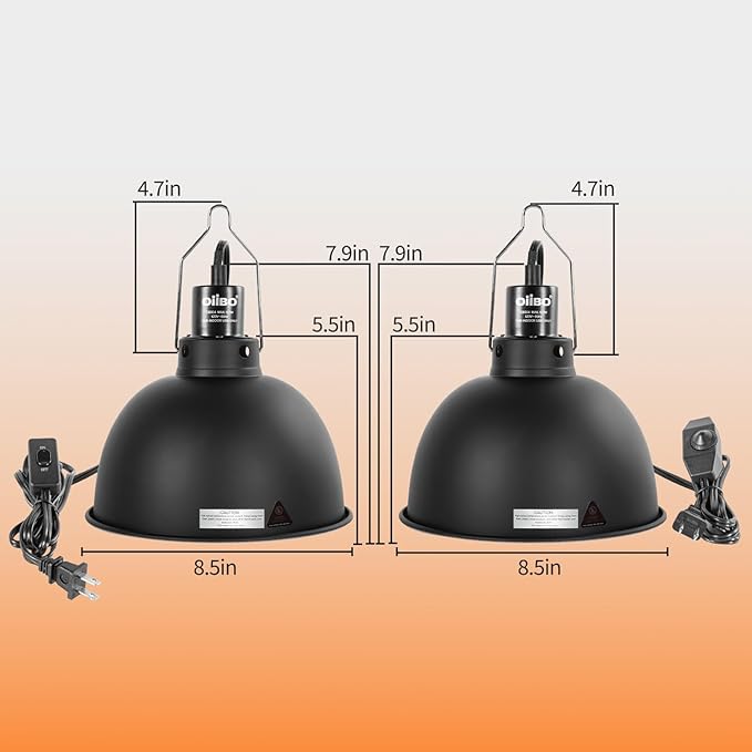 Oiibo 8.5 Inch Reptile Light Fixture with Dimming/Separate Switches, 2 Packs Deep Dome Lamp Cap Reflector Cover, UVB Light Heat Lamp Fixture for Reptile Glass Terrariums, Max 150W Black