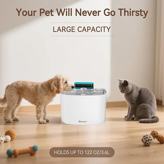 Cat Water Fountain, App Control Cat Fountain, 122oz/3.6L Pumpless Water Fountains for Cats Indoor with Stainless Steel Tray, Wi-Fi Dog and Pet Water Fountain (White, Fountain+8 Fliters)