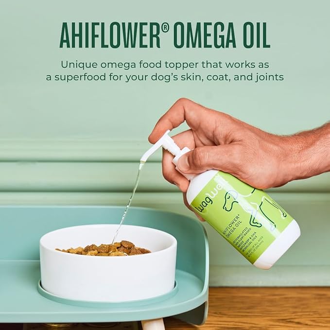 WagWell Ahiflower Omega Oil - Vet-Formulated Skin, Coat, Hip and Joint Supplement for Dogs - Plant-Based Omega 3, 6 and 9 Supplement - Natural Non-GMO Dog Omega Oil, 8 fl.oz. Pump Bottle