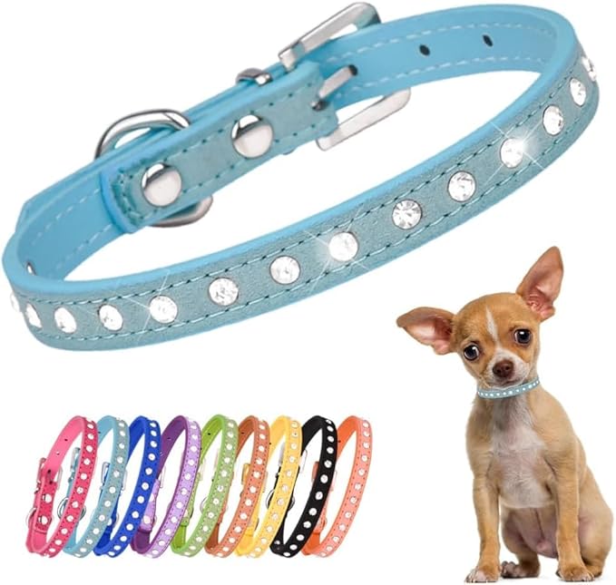 Rhinestone Dog Collar Suede Leather Crystal Diamond Colorful Bling Girl Puppy Cat Collars XS Small Pets (S, Light Blue)