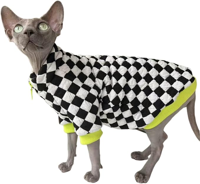 Turtleneck Sphynx Cat Winter Clothes, Double-Sided Fleece Jacket with Zipper, Sweater for Sphynx Cat Warm Outfit Coat for Hairless Cats and Small Dogs Apparel with Sleeves (Checkerboard, Medium)