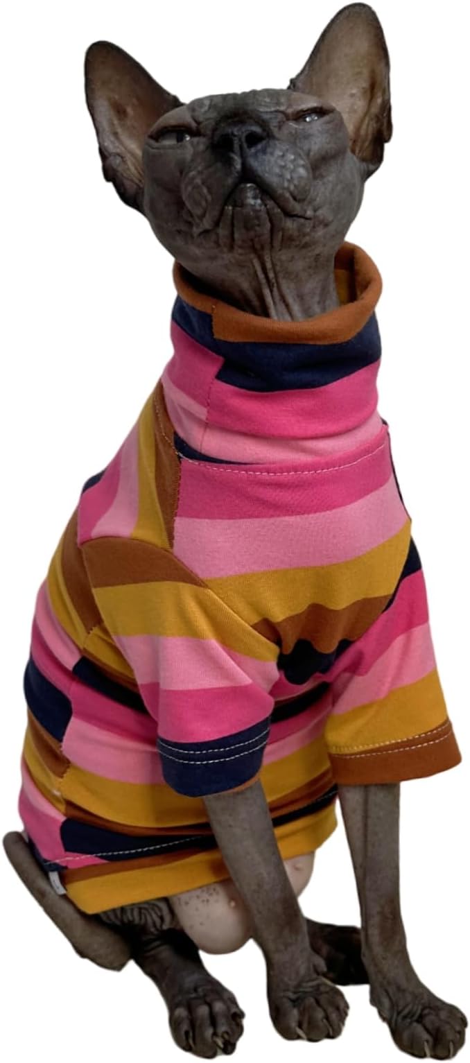 Vintage Stripes Sphynx Hairless Cats Shirt Cotton Cat Turtleneck Pet Clothes Kitten T-Shirts with Sleeves for Sphynx Cornish Rex, Devon Rex, Peterbald (Moning Glory, X-Large (Pack of 1))