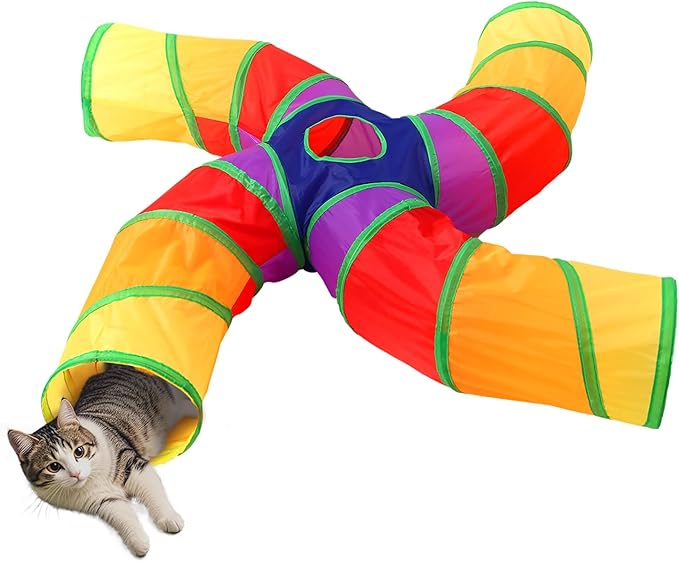 Pet Cat Tunnel, 4 Way Tunnels for Indoor Cats, Collapsible Pet Tunnel for Kitten, Puppy, Rabbit, 25cm-Wide Tunnels, Durable & Breathable, with Peek Hole Toy Ball