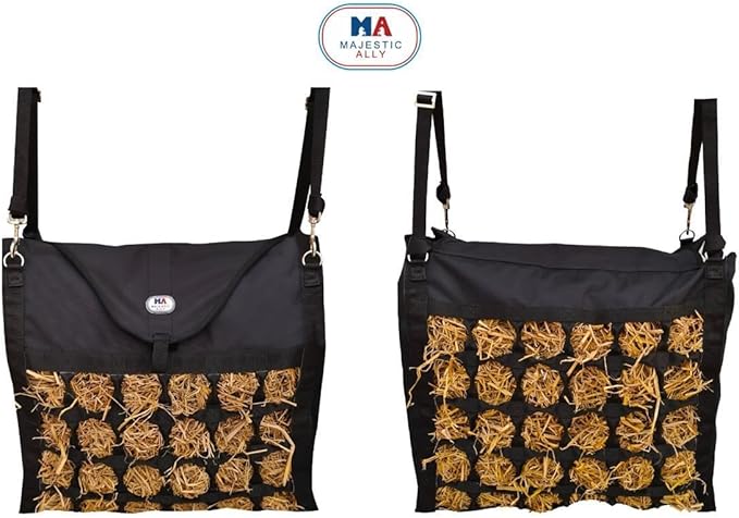 Majestic Ally Animal Health Hay Bag for Horses, 2.5" Holes, Top Load, Travel Feeder, Reduces Waste, 1 Year Warranty, Multiple Colors (Black-Black)