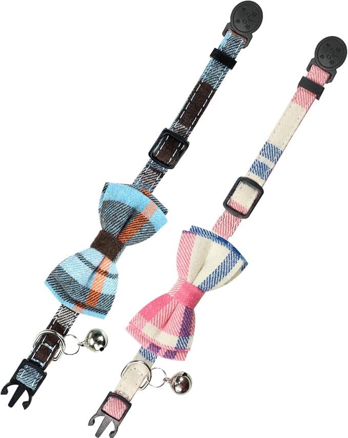 Joytale Upgraded Cat Collar with Bells, Breakaway Cat Collars with Bow Tie, 2 Pack Girl Boy Safety Plaid Kitten Collars, Haze Blue+Pink