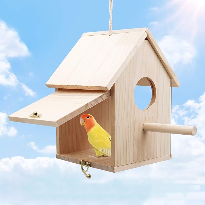 Large Bird House for Outside, Outdoor Wooden Birdhouse with Transparent Acrylic Window, Bird Nest Box with Pole for Garden Patio, Hanging Birdhouse for Sparrow Hummingbird Finch 5.7 × 5.7 × 8.7 Inches