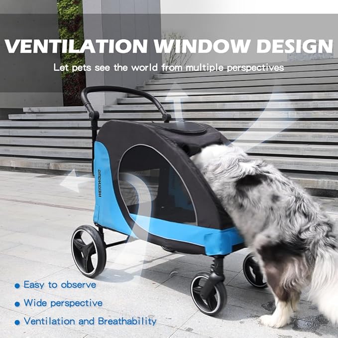MekkMom Large Dog Cart - Adjustable Handle, Lightweight Foldable Pet Cart, Four Sided Ventilation, 360 Degree Rotating Front Wheel, Capacity 77 Pounds, Suitable for Travel and Exploration - Blue