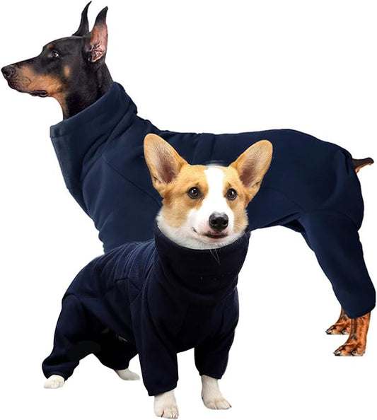ROZKITCH Dog Winter Coat Soft Fleece Pullover Pajamas, Pet Windproof Warm Cold Weather Jacket Vest Cozy Jumpsuit Apparel Outfit Clothes for Small Medium Large Dog Walking Hiking Sleep Blue XXL