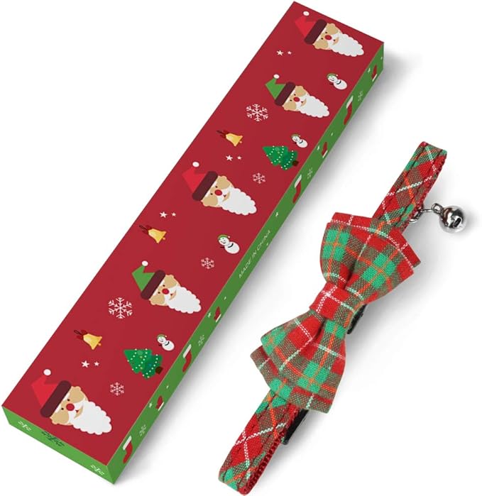 Joytale Upgraded Christmas Cat Collar with Bells, Breakaway Cat Collars with Bow Tie, 1 Pack Girl Boy Safety Plaid Kitten Collars, Red+Green Plaid