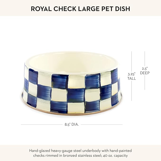 MACKENZIE-CHILDS Pet Bowl, Cute Cat and Dog Bowl for Food and Water, Blue-and-White Royal Check, Large