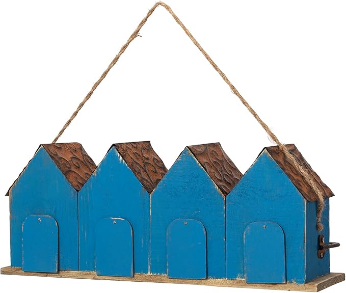 Glitzhome 17" L Retro Blue Distressed Solid Wood Birdhouse with Perch Garden Hanging Bird House for Outdoors