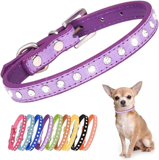 Rhinestone Dog Collar Suede Leather Crystal Diamond Colorful Bling Girl Puppy Cat Collars XS Small Pets (M, Purple)