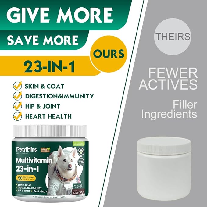 23-in-1 Dog Vitamins Supplements, Multivitamin Treats for Dogs with Glucosamine & Omega-3, Comprehensive Support for Hip & Joint, Digestion, Immune Health, Skin, Heart - 90ct, Bacon