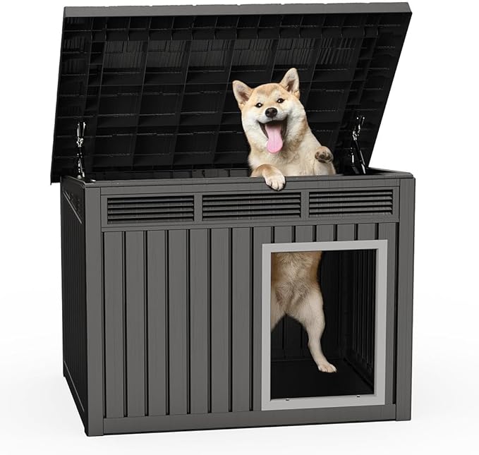 ROJIK Large Dog House Outdoor Indoor Weatherproof with Removable Roof Raised Base Plate,Pet House Weatherproof for Small to X-Large Dogs,Easy to Clean and Lightweight(42.87 * 32.95 * 31.61inch,Black)