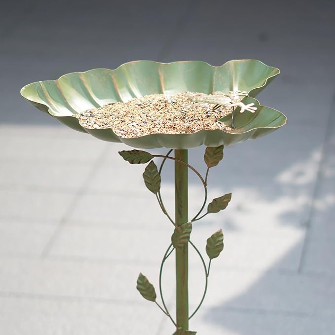 15" L*30.5" H Cast Iron Pedestal Bird Bath, Metal Bird Baths for Outdoors, Green Birdbath, Free Standing Bird Feeder Seed Tray Garden Yard Decor
