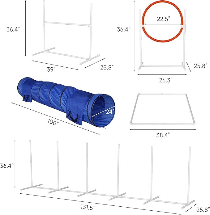 6-Pack Dog Agility Training Equipment Set - Includes Adjustable Bar Jump, Tire Jump, Weave Poles, Tunnel with Sandbags, and Pause Box - Portable with Carry Cases