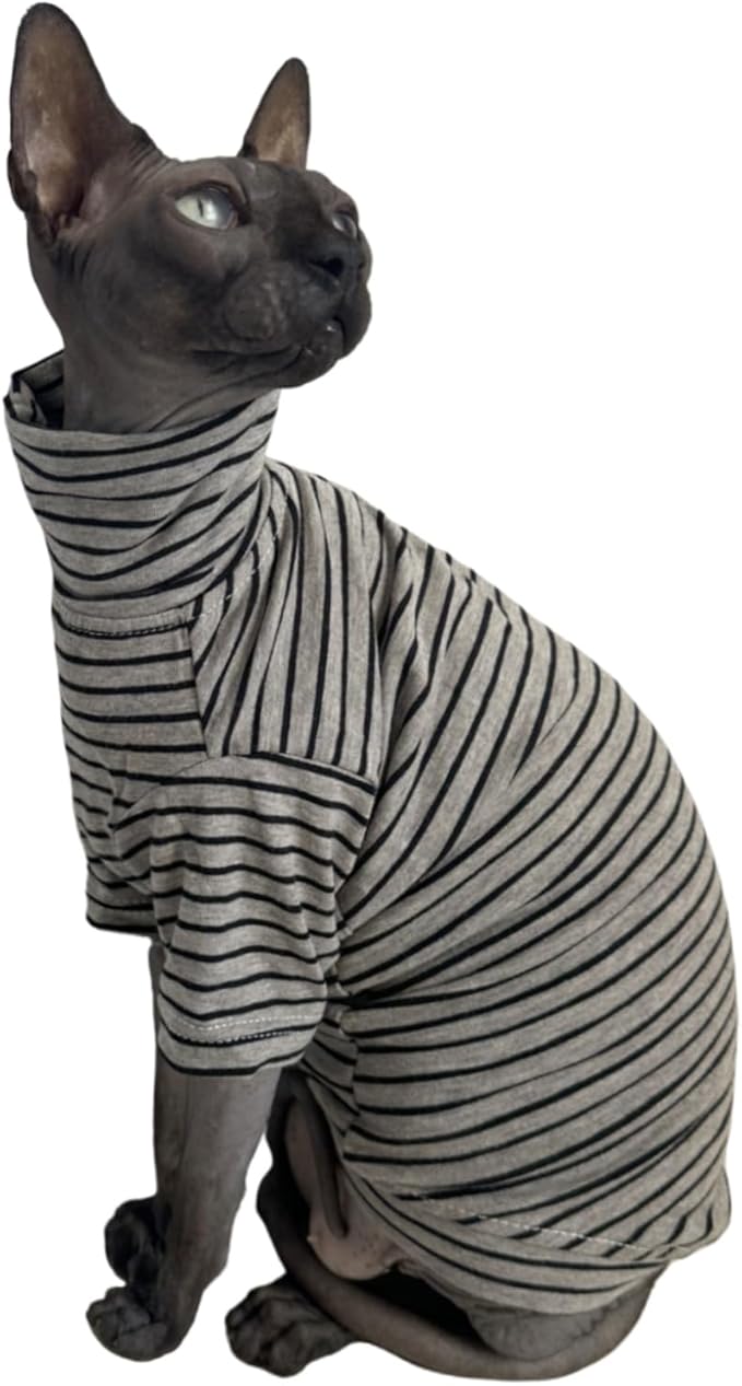 Vintage Stripes Sphynx Hairless Cats Shirt Cotton Cat Turtleneck Pet Clothes Kitten T-Shirts with Sleeves for Sphynx Cornish Rex, Devon Rex, Peterbald (Grey Stripe, Medium (Pack of 1))
