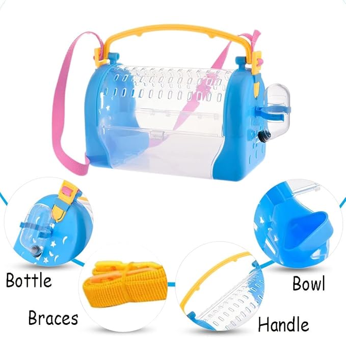 kathson Portable Hamster Cage Dwarf Hamster Carry Travel Cage with Water Bottle Food Bowl Adjustable Strap Pet Outgoing Cage for Gerbil Hedgehog Mice Squirrel