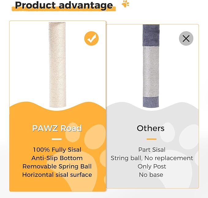 PAWZ Road Cat Scratching Post and Pad, Sisal-Covered Scratch Posts and Pads with Play Ball Great for Kittens and Cats