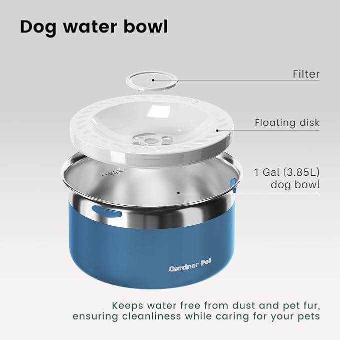 Gardner Pet Dog Bowls 1 Gallon (3.85L) Stainless Steel No Spill Dog Water Bowl, Slow Water Feeder Metal Bowls, Spill Proof Water Dispenser for Large Dogs, Promotes Healthy Hydration(Black)