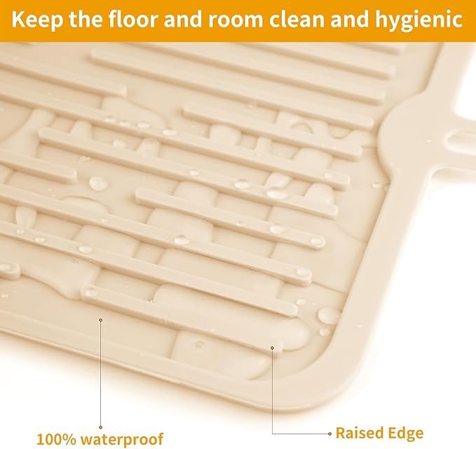 Ptlom Pet Placemat for Dog and Cat, Anti-Slip Waterproof Dogs Feeding Mat Prevent Food and Water Overflow, Bowl Mats Suitable for Medium and Small Pets, Beige, Silicone