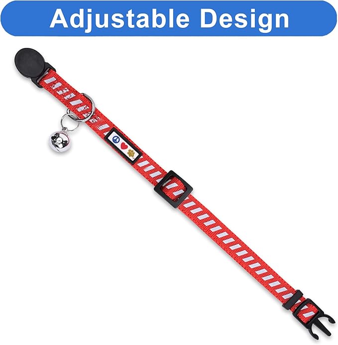 Pawtitas Personalized Cat Collar with Safety Buckle and Removable Bell Cat Collar with Name Phone Number Kitten Adjustable Collar Customized Cat Collar | Red Reflective Collar for Cats
