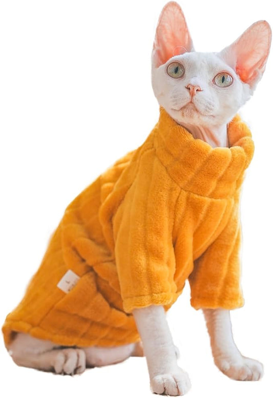 Turtleneck Sweater for Sphynx Cat Soft Coral Fleece Cat Clothes Thick Winter Warm Outfit Coat for Hairless Cats and Small Dogs Apparel with Sleeves (Orange, L (7-8.5 lbs))