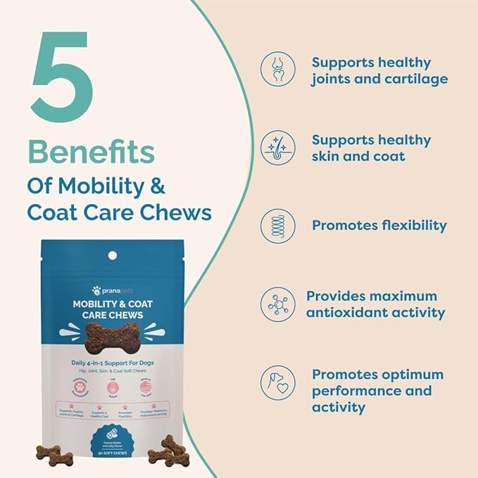 PranaPets Mobility & Coat Care Chews for Dogs & Puppies | Joint Supplement | Skin & Coat Health | Peanut Butter & Jelly Flavor | 90 Soft Chews