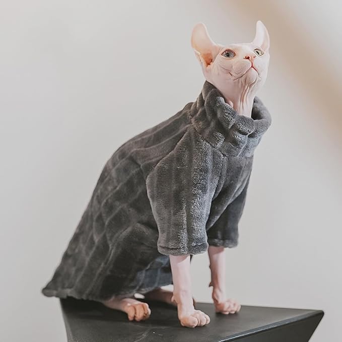 Turtleneck Sweater for Sphynx Cat Soft Coral Fleece Cat Clothes Thick Winter Warm Outfit Coat for Hairless Cats and Small Dogs Apparel with Sleeves (Grey, S (3-5 lbs))