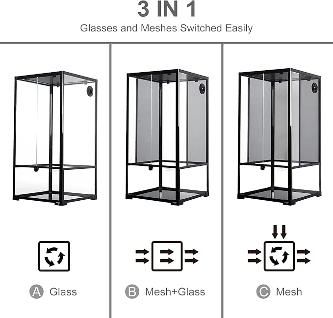 WACOOL 50 Gallon Reptile Tank, Front Opening Chameleon Cage 18" x 18"x 36", 3-in-1 Side Design (Glass or Mesh+Glass), Bio Deep Base 10" Vertical Reptile Cage for Frog Iguana