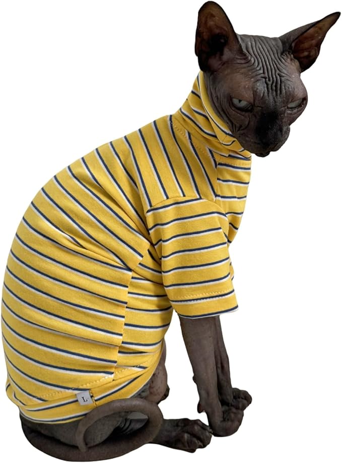 Vintage Stripes Sphynx Hairless Cats Shirt Cotton Cat Turtleneck Pet Clothes Kitten T-Shirts with Sleeves for Sphynx Cornish Rex, Devon Rex, Peterbald (Yellow Stripe, Large (Pack of 1))