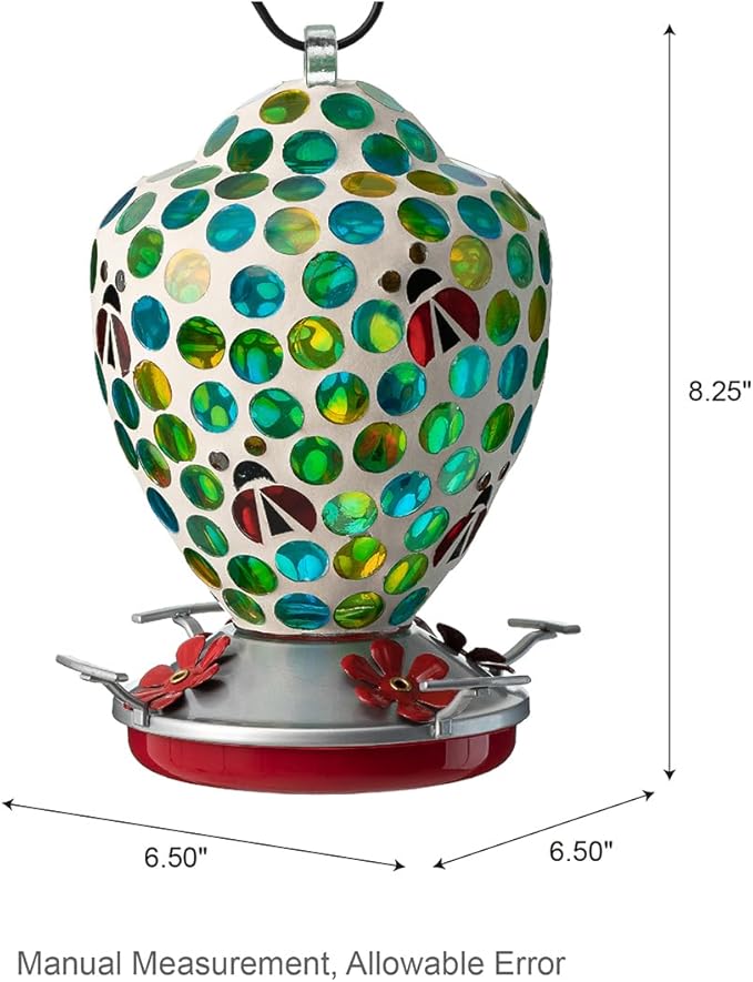 Glitzhome Wild Bird Feeder, 8.25" H Glass Hanging Blue/Green Dots & Ladybugs Mosaic Birdfeeder for Garden, Yard, Backyard, Deck and Porch Decorations