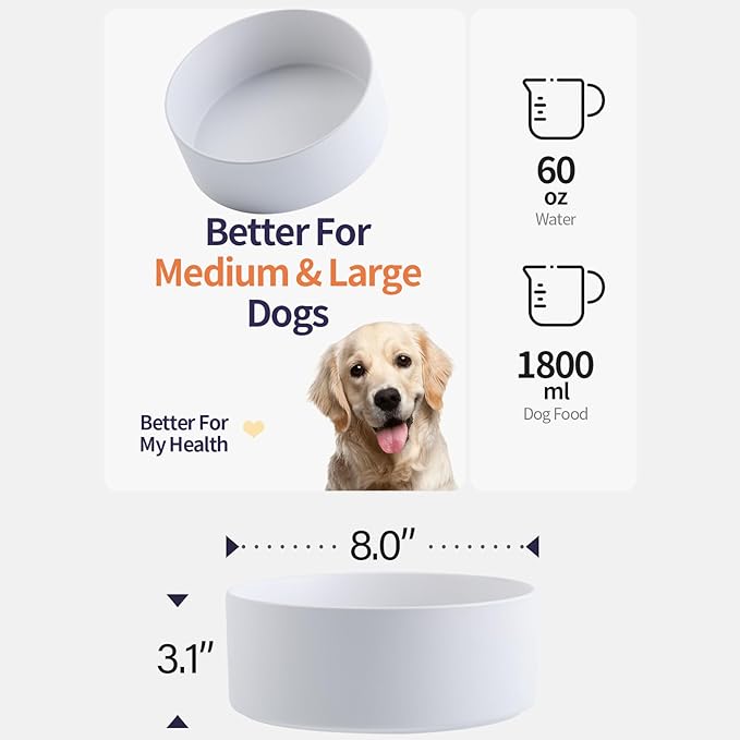 White 8 in Dog Bowl Ceramic for Medium Sized Breed,Retrievers,7.6 Cups Non Slip Heavy Weighted Dog Food Water Dish,Modern Big Pet Bowl Large