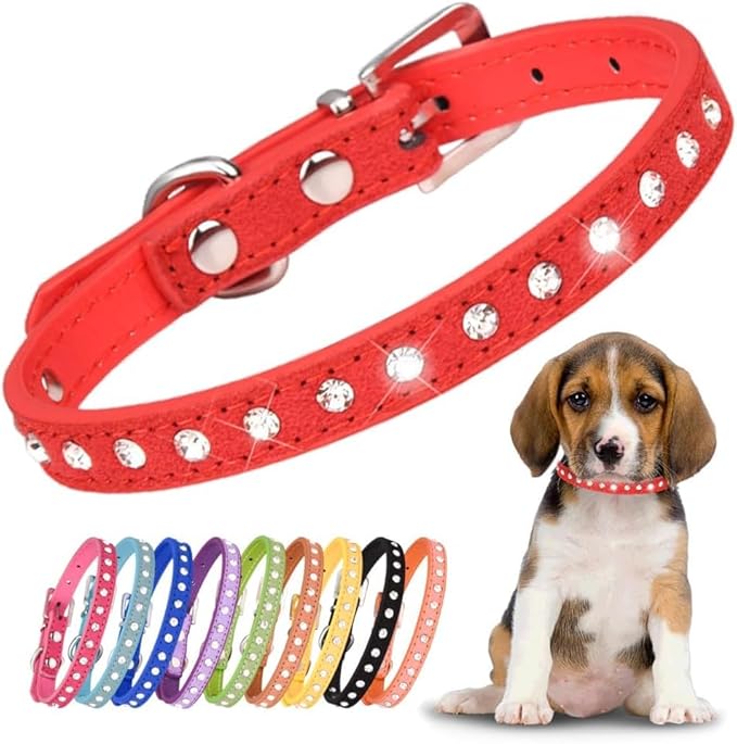 Rhinestone Dog Collar Suede Leather Crystal Diamond Colorful Bling Girl Puppy Cat Collars XS Small Pets (S, Red)