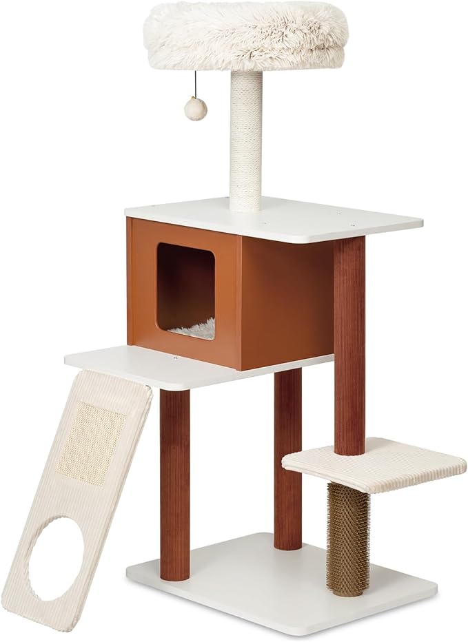 50in Modern Cat Tree with Sturdy Wood Frame - Multi-Level Indoor Activity Center with Sisal Scratching Posts, Plush Top Perch, Enclosed Condo & Hanging Toy