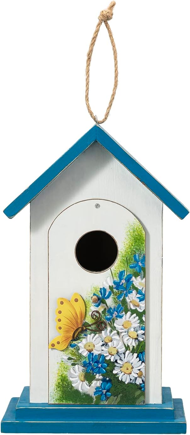 Glitzhome Bird Houses for Outside, 11.75" H Distressed Solid Wood Birdhouses Hummingbird House Daisy with Butterfly Garden Hanging Bird House for Outdoors