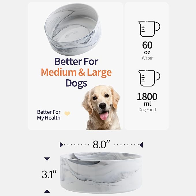 Elevated/Raised Dog Bowl Ceramic for Medium Large Sized Breed,Dog Food Water Bowl with Stand,8 in 7.6 Cups Non Slip Heavy Weighted Dog Dish Marble Grey