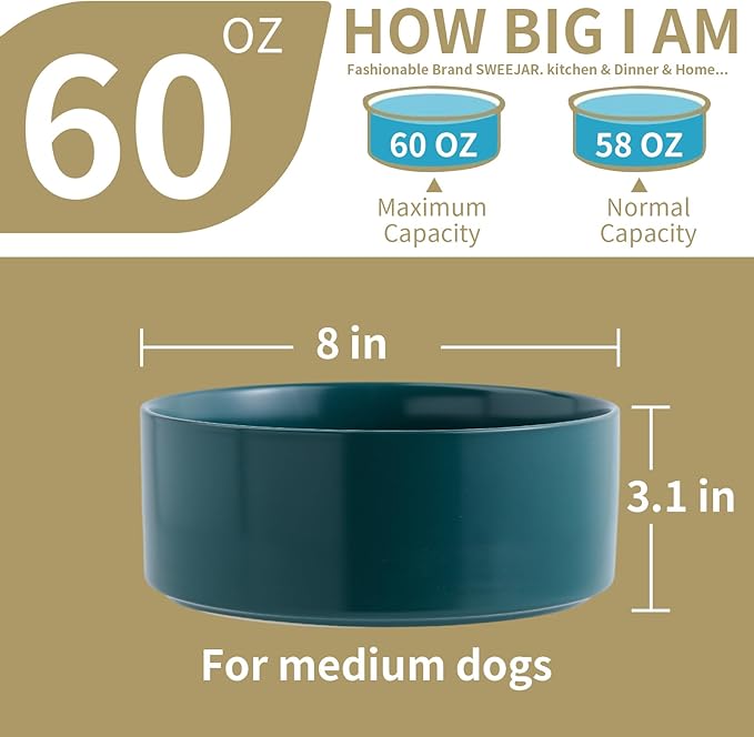 Green 8 in Dog Bowl Ceramic for Medium Large Sized Breed,Retrievers,7.6 Cups Non Slip Heavy Weighted Dog Food Water Dish,Durable Big Pet Bowl