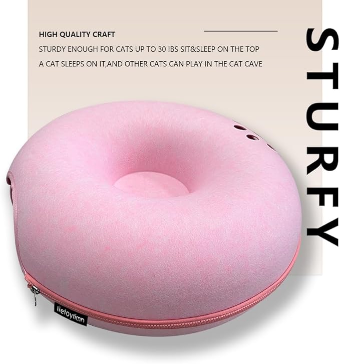 Tunnel nest, Donut nest, Fun Ventilation peep Hole, Detachable Zipper cat Bed, Felt Washable, All Season Universal cat Bed Suitable for Cats (Pink, Small)