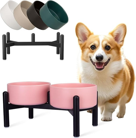 Raised Ceramic Dog Bowl Set - Elevated Double Dishes with Stainless Steel Stand - Food and Water Bowls for Small to Medium Dogs - Each Holds 2 Cups (28.75 fl oz) - Pink