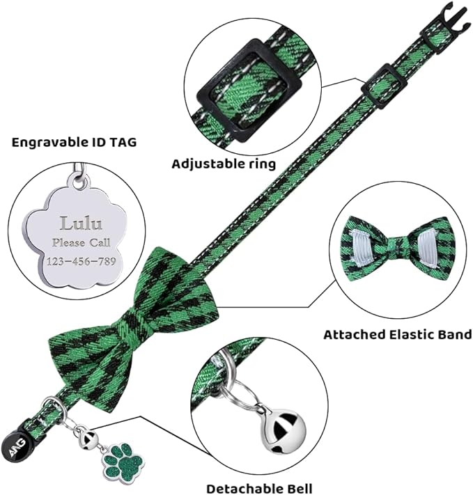 Personalized Breakaway Cat Collars - ID Tag, Bell, Bowtie - Safety Quick-Release, Customized for Girls & Boys Cats (Houndstooth-Green)