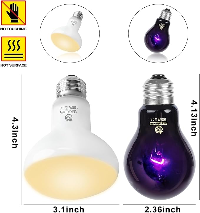 Reptile Heat Lamp 100W Combo Pack, Day and Night Basking Spot Bulb for Amphibian Includes Black Heat Lamp UVA Daylight Heating Light