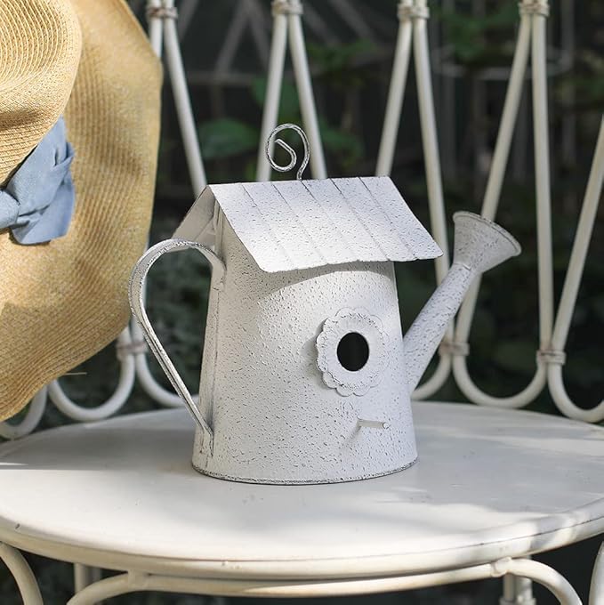 Vintage Hanging Bird Houses for Outside Metal Birds Nest Box for Bluebird Wren Chickadee Sparrow Garden Patio Outdoors Birdhouses Unique Distressed Decoration Watering Can Shape White