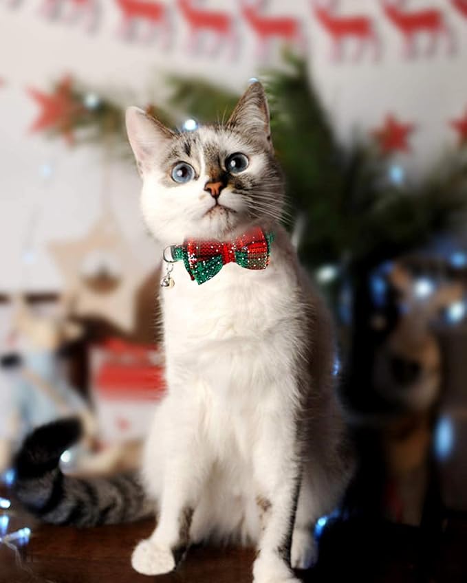 Joytale Upgraded Christmas Cat Collar with Bells, Breakaway Cat Collars with Bow Tie, 1 Pack Girl Boy Safety Plaid Kitten Collars, Christmas Green