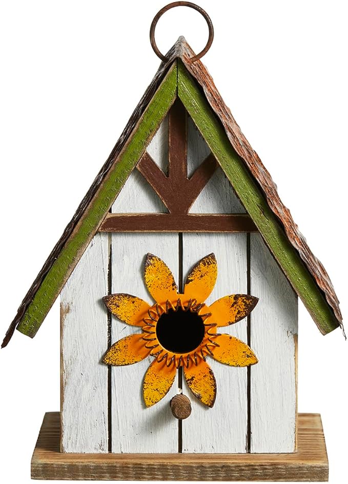 Glitzhome 8.25" H Solid Wood Decorative Hanging Bird House Distressed Cottage Outdoor Garden Birdhouse with 3D Metal Roof and Flower