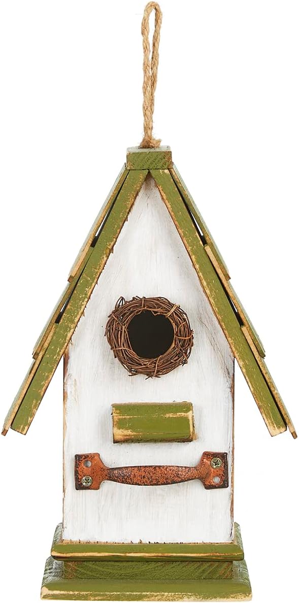 Glitzhome Bird Houses for Outside, Bluebird Houses for Outdoors, 10.75" H Green Roof Garden Wooden Birdhouse Hand Painted Hanging Distressed Bird House for Finch Cardinals Swallow Wren Chickadee