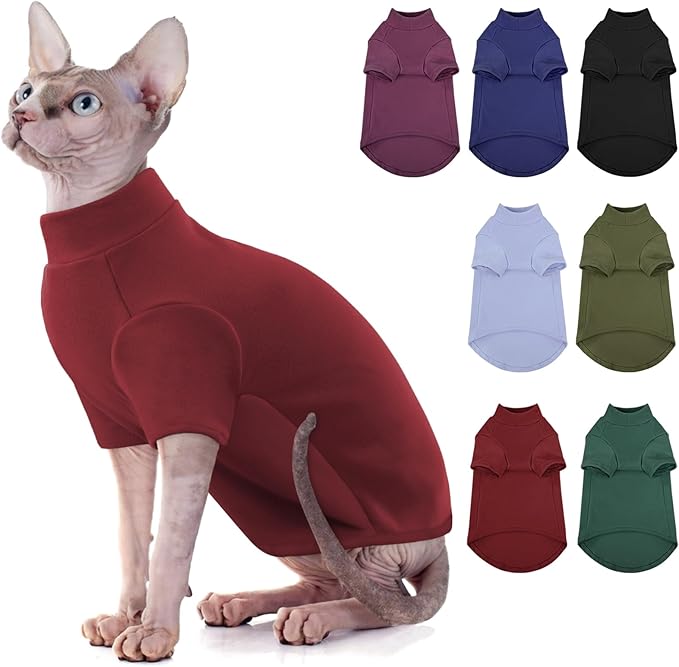 SUNFURA Turtleneck Sweater for Cat, Sphynx Hairless Cats Shirt Sweaters with Sleeves, Warm and Soft Kitten Pullover Fleece Winter Pajamas Jumpsuit for Puppy, Burgundy XL
